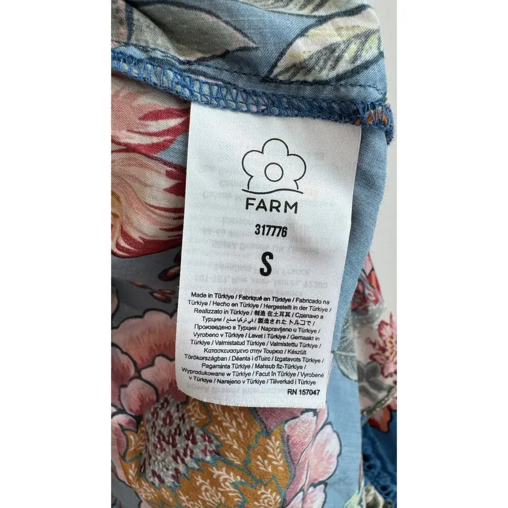 Farm Rio Wonderful Bouquet Floral Blue Long Sleeve Blouse Size Small